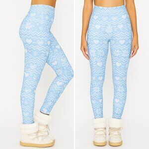 BEACH RIOT Fair Isle Leggings XS Blue White Snowflake Heart Knit Pattern Stretch